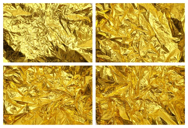 Gold and bronze glitter foil crumpled paper. Abstract glow shine texture copy space background. Set. Collection.