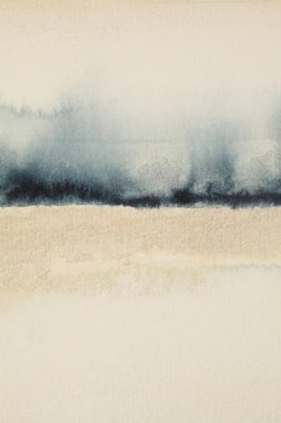 Sanat eseri suluboya peyzaj lekesi resmi. Soyut desen bej ve mavi renk lekesi fırça darbesi kağıt arka plan.