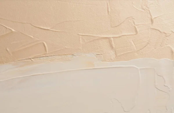 アートアクリル 油の空のスミアブラシストローク塗装壁 アブストラクトテクスチャベージュ色汚れ水平コピースペースキャンバス背景 — ストック写真