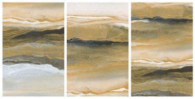 Modern yağlı boya ve akrilik lekeli bez tablo. İç soyut üç parçalı duvar. Altın, bronz renk lekesi fırça darbesi dokusu arkaplanı.