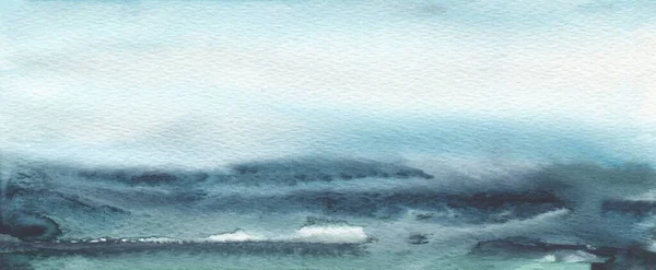 Абстрактная Голубая Акварель Тушь Фоне Пейзажа Пятнают Живопись Горизонтальная Длинная — стоковое фото