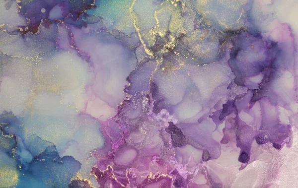 Alkoholfarbe Und Aquarell Art Smoke Abstrakt Blau Violett Und Gold — Stockfoto