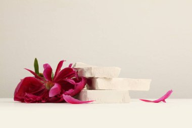 Çiçek pembesi taç yaprağı ve bej arka planda boş taşlar platformu. En düşük ekran ürün sunum sahnesi.