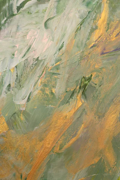 テクスチャされたオイルおよびアクリルはキャンバス絵画の壁を塗りました 抽象的な金 緑色の汚れのブラシのストロークの背景 — ストック写真
