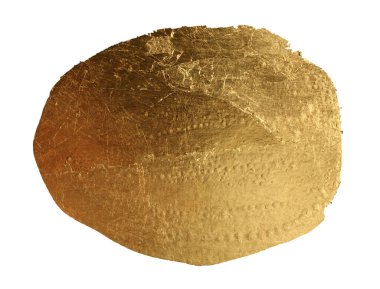 Altın bronz parıltılı fırça darbesi boya dairesi lekesi. Beyaz arkaplanda soyut parlak leke.