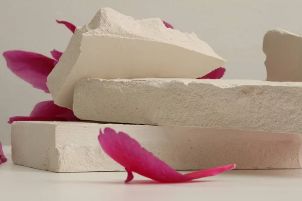 Stock image Flower petal and empty stones platform podium on beige background. Minimal display product presentation scene.