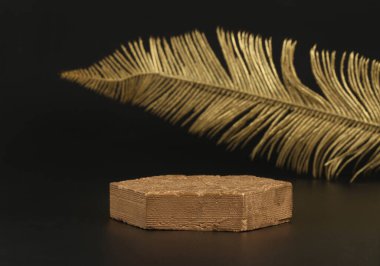 Eko rustik bronz platform podyumu ve siyah arka planda altın yaprak. En az boş ürün sunum sahnesi.