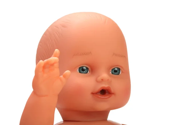 Κούκλα Μωρό Παιχνίδι Κεφάλι Και Χέρι Λευκό Φόντο — Φωτογραφία Αρχείου