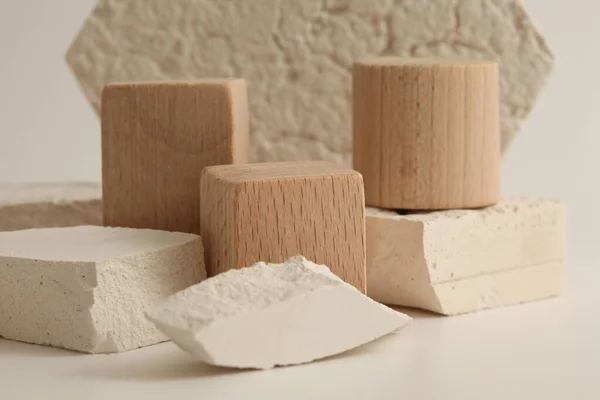 stock image Texture stone and wood platform eco podium on gray beige background. Minimal still life display product presentation scene.