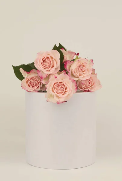 Розовый Букет Цветов Розы Белом Подиуме Светло Бежевый Фон Минимальная — стоковое фото