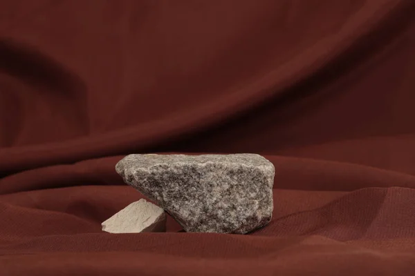 Stone Platform Podium Brown Silk Fabric Background Minimal Empty Display — Stock Photo, Image