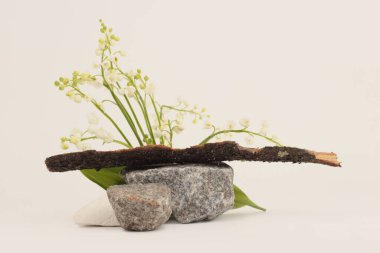 Taş platform podyumu ve vadi zambağı. En az boş ürün sunum sahnesi arkaplanı.