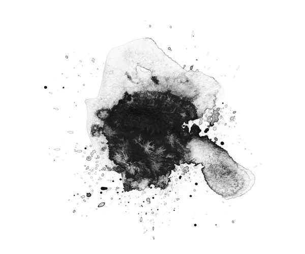 黑色墨水水彩斑斑与水滴飞溅 白色背景下的纹理着色 — 图库照片