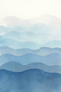 Ink Wave watercolor hand drawn strip blue stain blot painting. Paper texture background. clipart