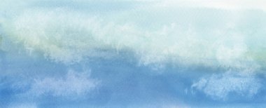 Mavi gökyüzü bulutla çizilmiş. Soyut suluboya duman lekesi lekesi boyası. Renkli ıslak kağıt tuval dokusu yatay arkaplan.   