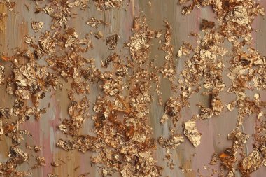 Sanat yağı ve akrilik leke bezi, altın folyo kağıt elementlerle boyanmış. Soyut doku parlaklık renk lekesi dokusu arkaplanı.