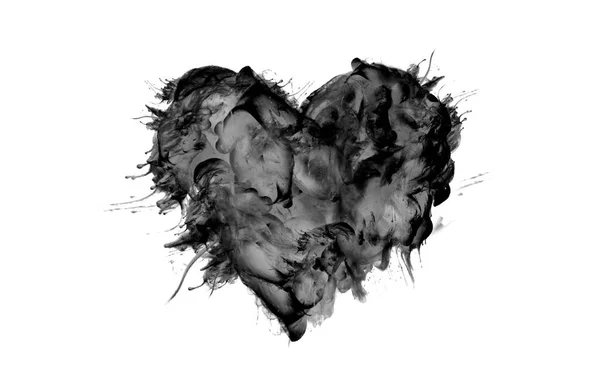 Black Watercolor Ink Broken Heart Smoke Flow Blot White Background — Stock Photo, Image