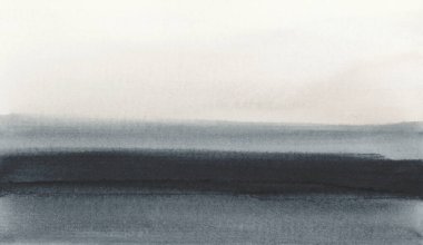 Mürekkepli suluboya el, arka planda ıslak kağıt dokusu üzerine duman lekesi çizdi. Siyah, bej nötr renkler.