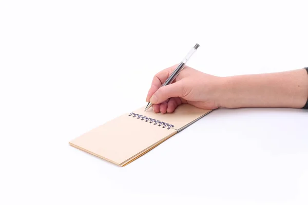 Hand Met Pen Papier Notitie Met Kopieerruimte Voor Tekst Lichte Rechtenvrije Stockfoto's