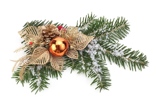 Spruce Branch Gold Christmas Decoration White Background — Stock Photo, Image