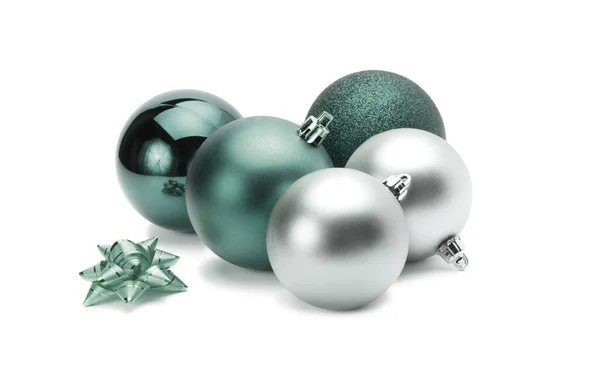 Grüner Blaugrauer Perlmutt Glitzert Frohe Weihnachten Kugeln Auf Weiß — Stockfoto