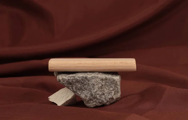 Stones Wood Platform Podium Brown Silk Fabric Background Minimal Empty — Stock Photo, Image