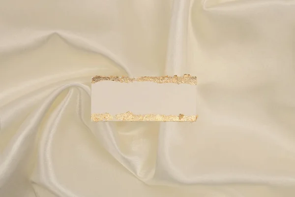 Gold Glitter Empty Canvas Paper Frame Label Beige Silk Fabric — Stock Photo, Image
