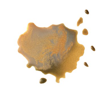 Mürekkep suluboya akış lekesi düşer beyaz arkaplana desen altın rengi lekesi sıçrar.