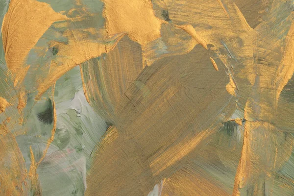 アートオイルおよびアクリルの汚れのキャンバス絵画 抽象的な緑 金色の染料のブラシ ストロークの質の背景 — ストック写真
