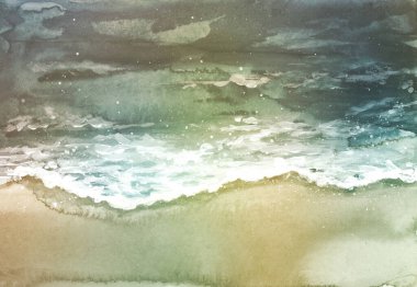 Deniz dalgası, su ve kum. Sanat Soyut Suluboya Mürekkebi ve akrilik akış lekesi el resmi. Renk bezi dokusu arkaplanı.   