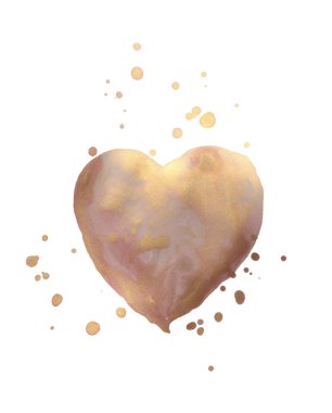 Beyaz arka planda bej, altın, gümüş mürekkep suluboya kalp lekesi.