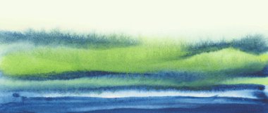 Mürekkepli suluboya el, ıslak kağıt dokusu yatay arkaplana duman lekesi çizdi. Mavi, yeşil pastel renkler.