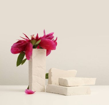 Stones platform podyumu, bej arka planda çiçek yaprağı. En az boş ürün sunum sahnesi.