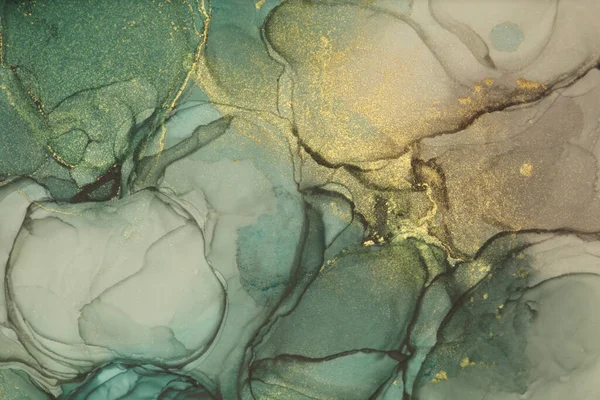 Kunst Abstrakte Aquarellmalerei Rauchflecken Beige Grün Goldener Hintergrund Marmorstruktur Alkoholfarbe — Stockfoto