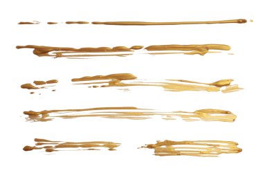 Gold glitter ink color smear brush stroke stain line blot on white background. 