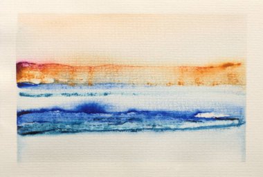 Mürekkepli suluboya el, arka planda ıslak tahıl kağıdı dokusu üzerine duman lekesi lekesi çizdi. Bej, mavi renkler.