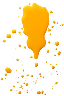 Mürekkep suluboya akış lekesi damlıyor. Sarı, turuncu renk lekesi beyaz arkaplanda izole edilmiş..