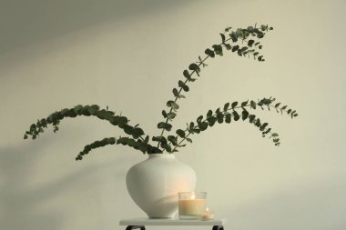 Sanat Gecesi hala hayat. Kase içinde yaprak okaliptüs buketi ve bej iç kısımda yanan mum. Seçici yumuşak odaklanma. Minimalist Işık ve gölge doğa arka planı.