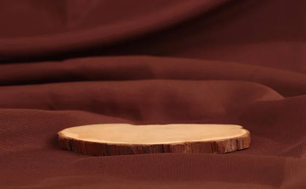 Wooden Eco Rustic Platform Podium Brown Silk Fabric Background Minimal — Stock Photo, Image