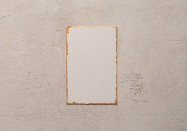 Beyaz bej rengi, beyaz çerçeveli, tahta duvarda boş bir kart resmi. Soyut doku kopyalama alanı nötr grunge arkaplan.