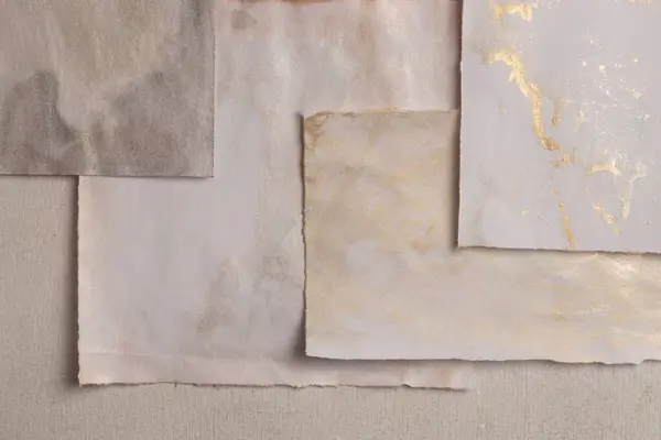 Bej Nacre Altın Çerçeveli Suluboya Kağıtlar Tahta Duvarda Boş Bir — Stok fotoğraf