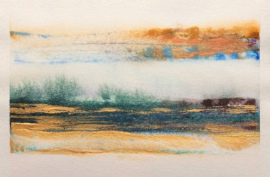 Mürekkepli suluboya el, arka planda ıslak tahıl kağıt dokusu üzerine duman akışı lekesi lekesi manzarası çizdi. 