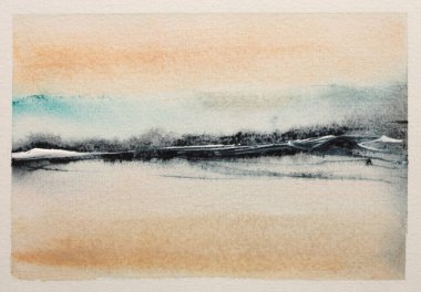 Mürekkepli suluboya el, arka planda ıslak tahıl kağıt dokusu üzerine duman akışı lekesi lekesi manzarası çizdi.