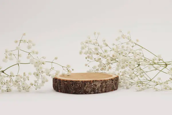 Wood Circle Stump Flower Platform Podium Light Beige Background Minimal — Stock Photo, Image