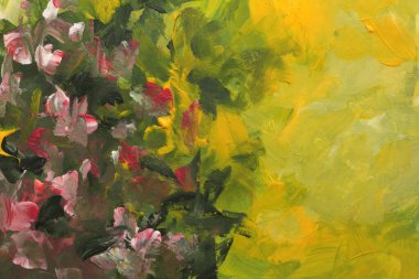 Resimli suluboya ve akrilik lekeli bez kaplama duvar boyası. Soyut doku sarı, yeşil, pembe pastel boya lekesi fırça darbesi yardım dokusu arka plan.