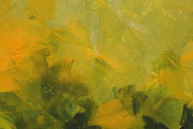 Resimli suluboya ve akrilik lekeli bez kaplama duvar boyası. Soyut doku sarı, yeşil pastel renk lekesi fırça darbesi rahatlama dokusu arka plan.