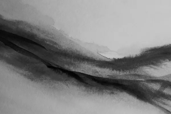 油墨水色手绘烟流污迹景观在湿颗粒纸纹背景下 黑色和白色 图库照片