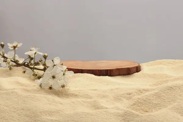 Wooden Stump Circle Platform Podium Flower Twig Beige Sand Background Stock Photo