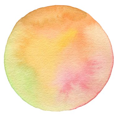 Sanat dairesi fırça darbeleriyle çizilmiş mürekkep lekesi suluboya lekesi. Beyaz arka planda soyut sarı, turuncu, pembe ıslak doku lekesi.