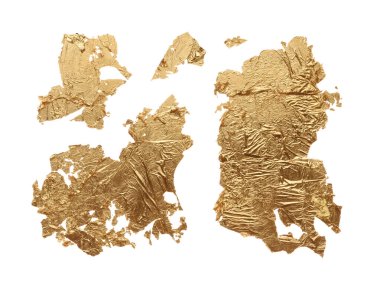 Beyaz arka planda izole edilmiş bronz renkte lekeli fırça darbesi lekesi resmi. Soyut altın yaprak parçalanmış doku.